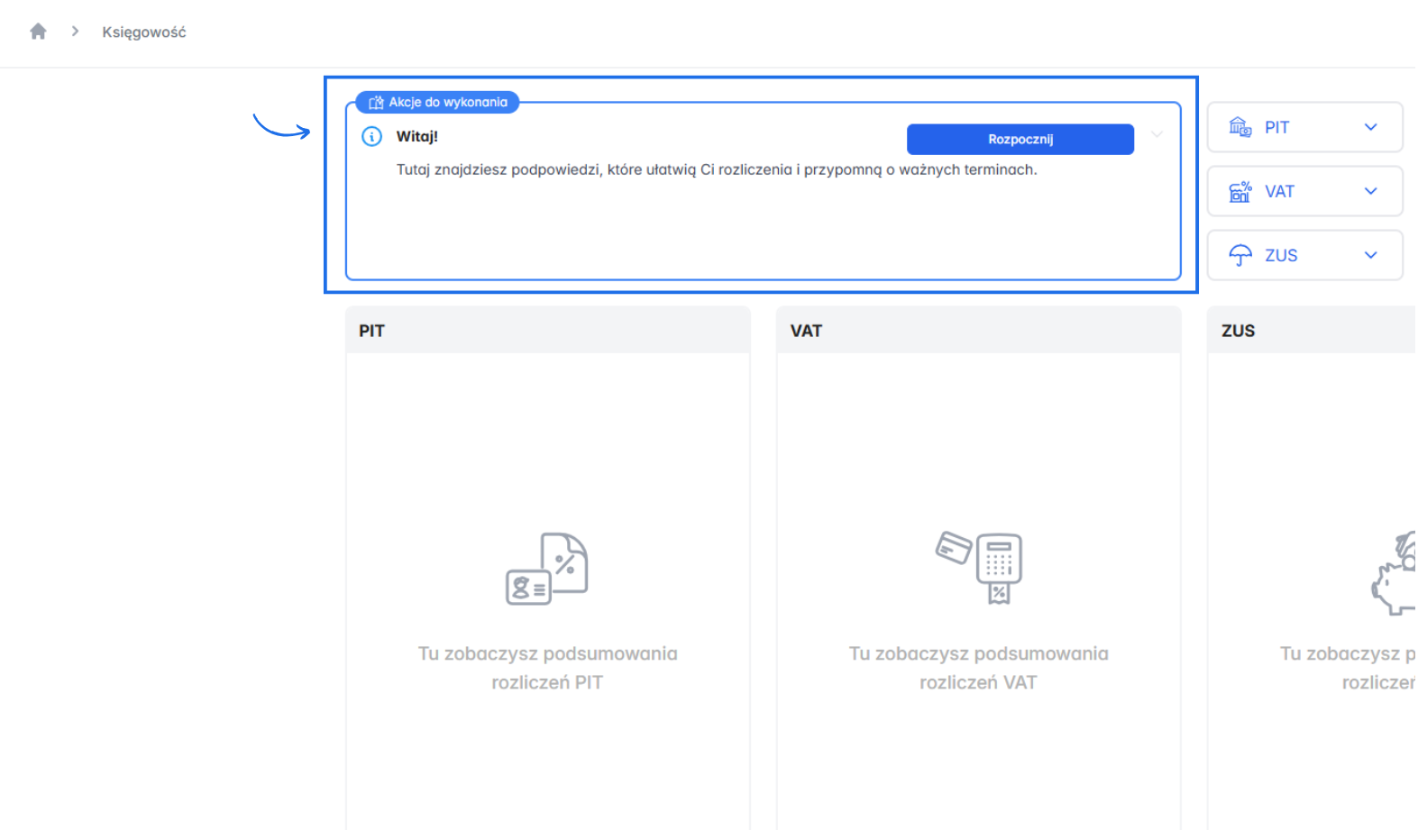 Asystent modułu samodzielnej księgowość z oknem 'akcja do wykonania' wskazujący jakie działania w zakresie księgowym należy wykonać w module.