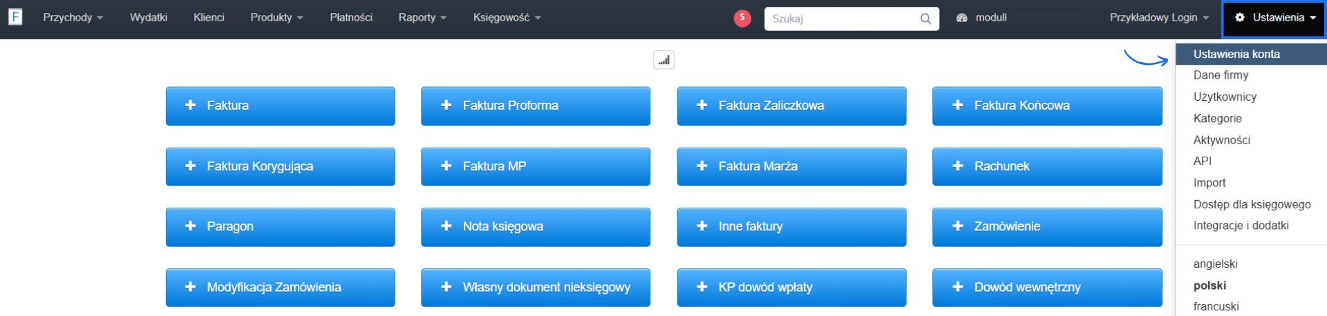 Ustawienia konta w systemie Fakturownia z przyciskami do wystawiania faktury, proformy i innych dokumentów księgowych.