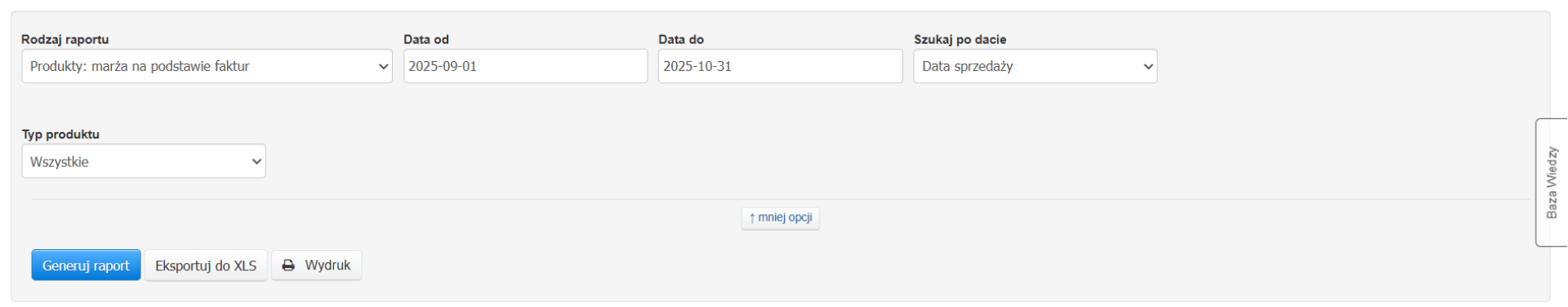 Formularz generowania raportu Produkty: marża na podstawie faktur z domyślnymi ustawieniami oraz przyciskami: generuj raport, eksportuj do XLS oraz wydruk.