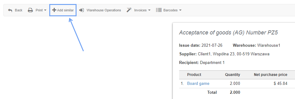 add similar warehouse document