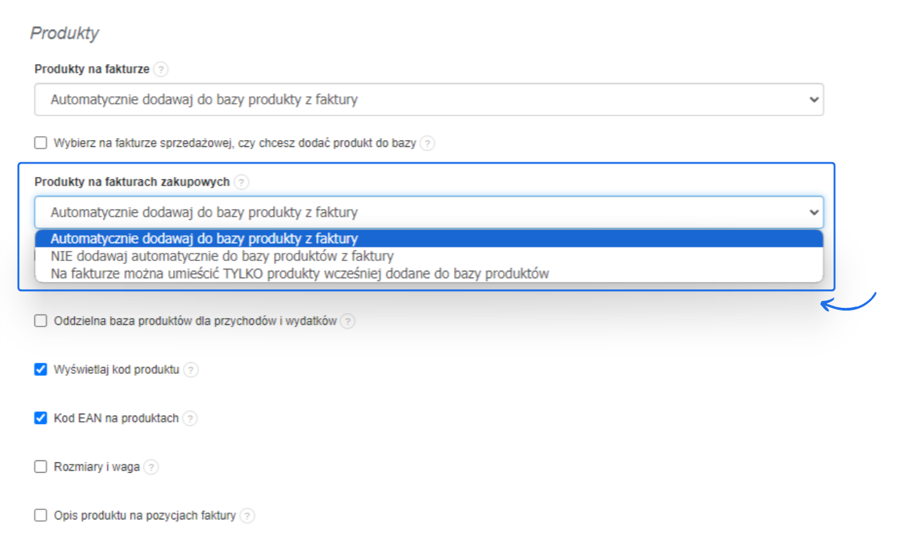 Sekcja konfiguracji produktów w Fakturowni, z opcją automatycznego dodawania produktów do bazy z faktur zakupowych, wyświetlaniem kodu produktu, kodem EAN oraz opcją opisu produktu na pozycjach faktury.