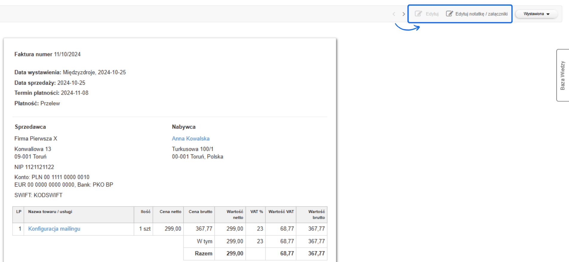 Podgląd faktury z opcją edycji i możliwością dodania notatki lub załącznika, zawierający szczegóły sprzedawcy, nabywcy oraz podsumowanie pozycji faktury.
