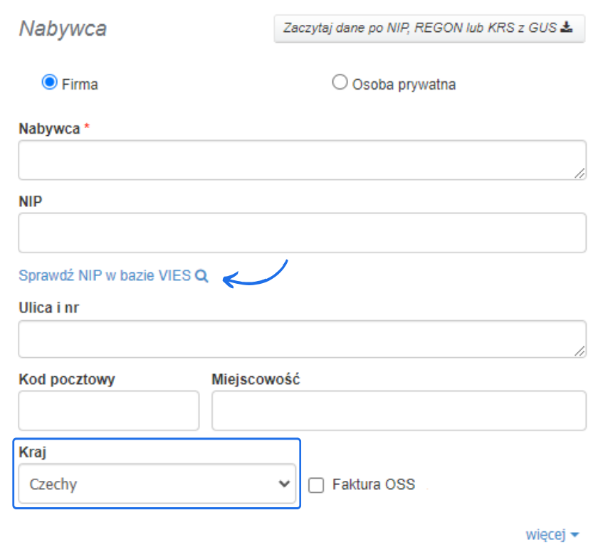 Formularz wprowadzania danych nabywcy z opcjami sprawdzenia NIP w bazie VIES, wyborem kraju oraz rodzajem nabywcy (firma lub osoba prywatna).