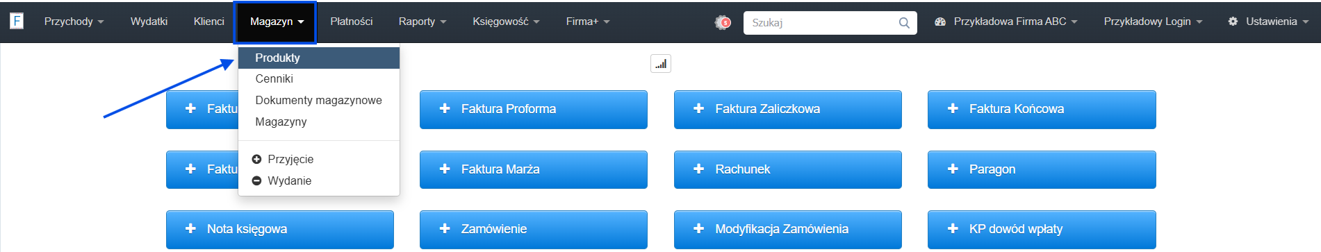 Strona główna konta w Fakturowni z aktywną zakładką magazyn i wybraną opcją produkty.