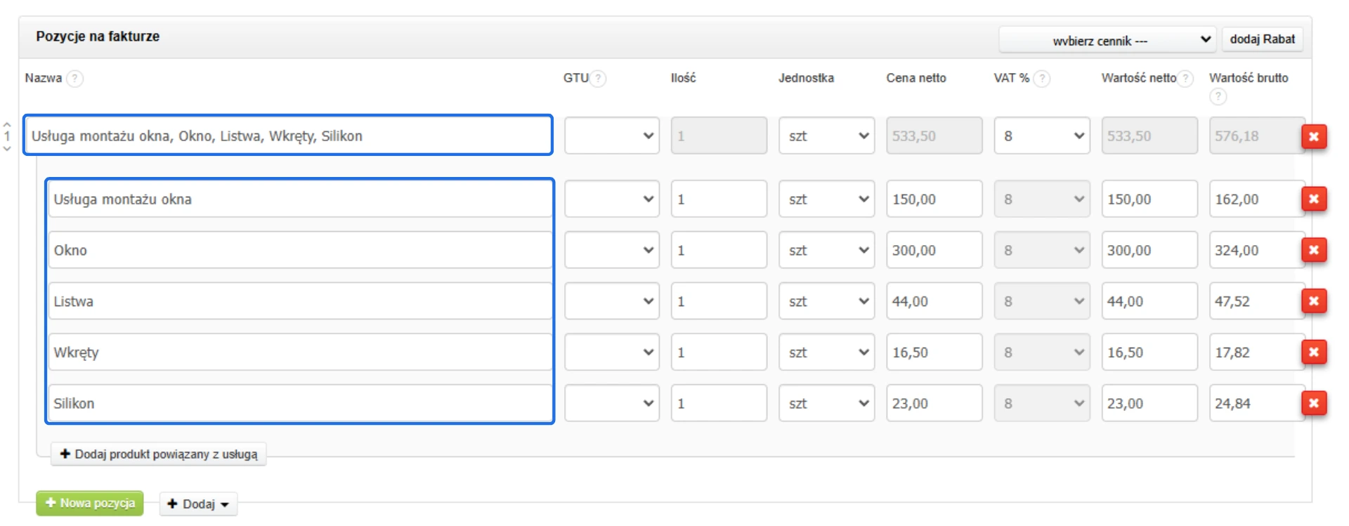 Przykład dodawania usługi montażu okna z powiązanymi produktami, takimi jak okno, listwa, wkręty i silikon, z podziałem VAT i cen netto.