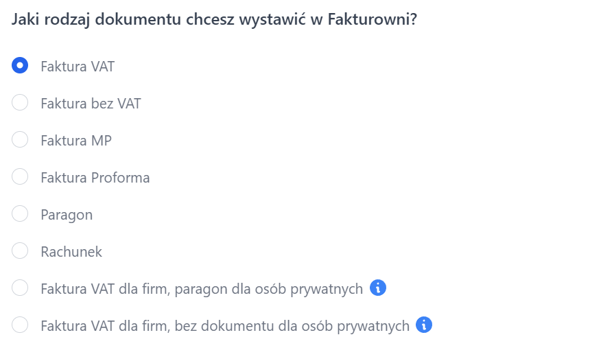 Lista opcji wyboru rodzaju dokumentu do wystawienia w Fakturowni. Zaznaczona ‘Faktura VAT’, inne opcje to m.in. ‘Paragon’, ‘Rachunek’ i ‘Faktura MP’