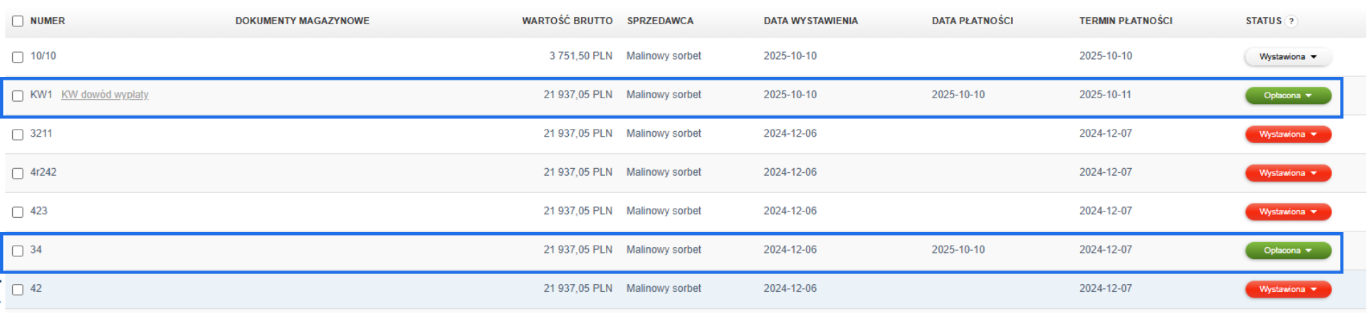 Lista dokumentów sprzedaży z widocznymi pozycjami: dowód wypłaty KW1 i faktura nr 34, obie oznaczone jako „Opłacona” na kwotę 21 937,05 PLN.