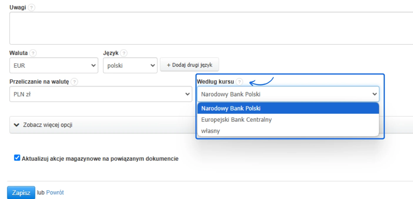 Formularz faktury z opcją 'Przeliczanie na walutę' i rozwijanym menu do wyboru kursu, w tym Narodowy Bank Polski oraz własny kurs.
