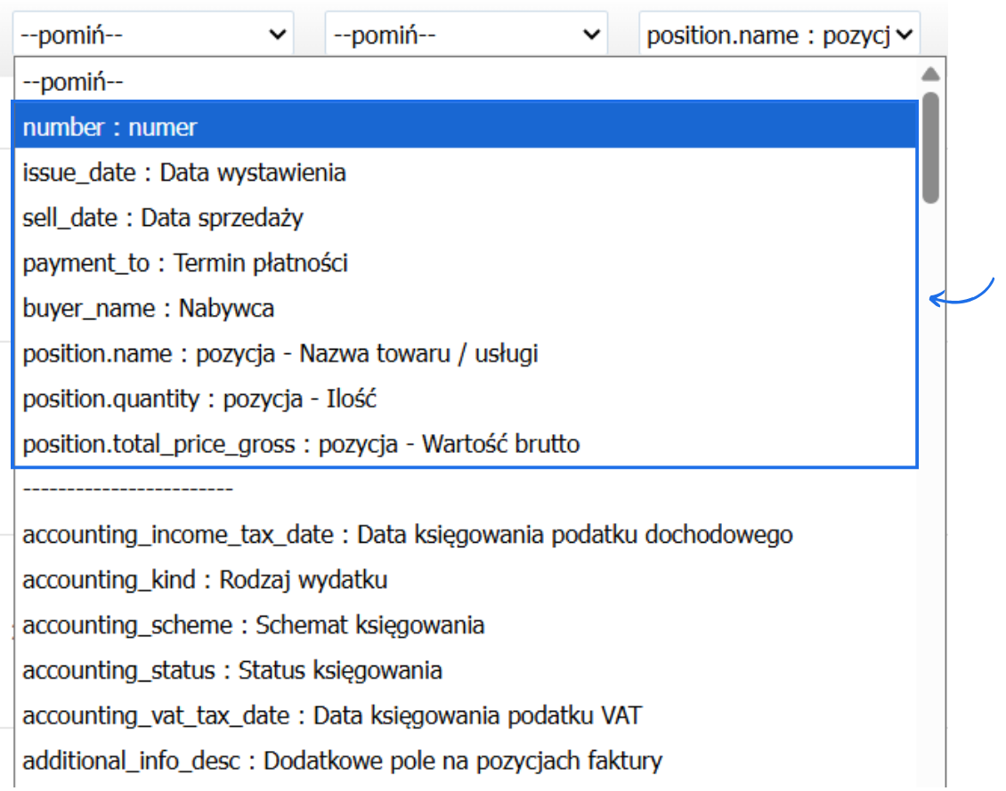 Lista obowiązkowych zmiennych, które muszą pojawić się w pliku importu, by import faktur do systemu Fakturownia zakończył się powodzeniem.