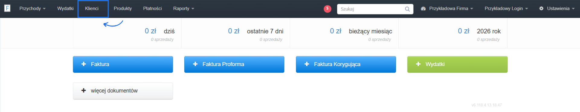 Strona główna konta w systemie do fakturowania online z dostępną bazą klientów w zakładce 'Klienci'.