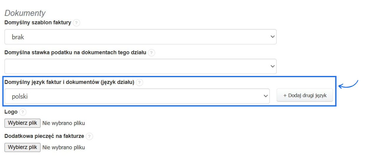 Widok ustawień w dziale dotyczących języka dokumentów wystawianych w obrębie tego działu z możliwością ustawienia dwóch języków. 
