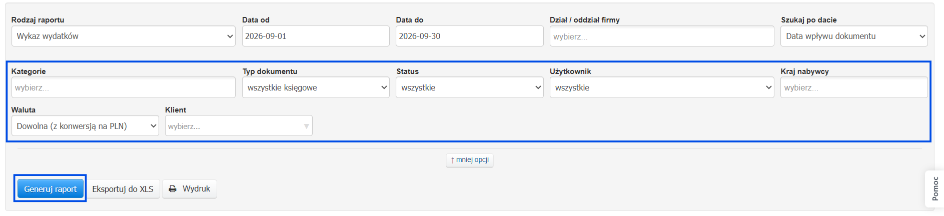 Dodatkowe filtry w raporcie wykaz wydatków np. kategoria, użytkownik czy status.