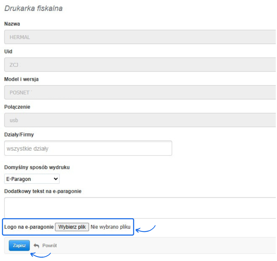Formularz konfiguracji drukarki fiskalnej z opcjami modelu, połączenia USB, domyślnego sposobu wydruku i możliwością dodania logo na e-paragon.