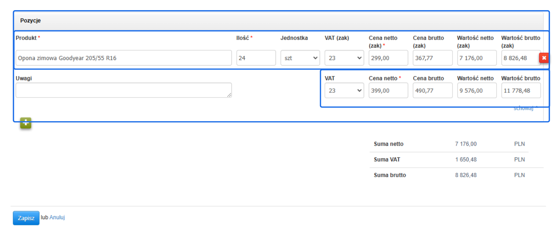 Formularz pozycji dokumentu magazynowego PZ z dodanym produktem 'Opona zimowa Goodyear 205/55 R16' i podwójną ceną netto.
