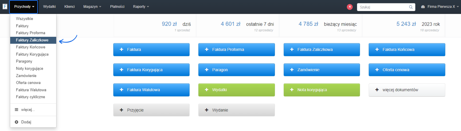 Ekran programu Fakturownia z rozwiniętym menu przychody, pokazujący wybór opcji 'Faktury Zaliczkowe' i inne rodzaje dokumentów.