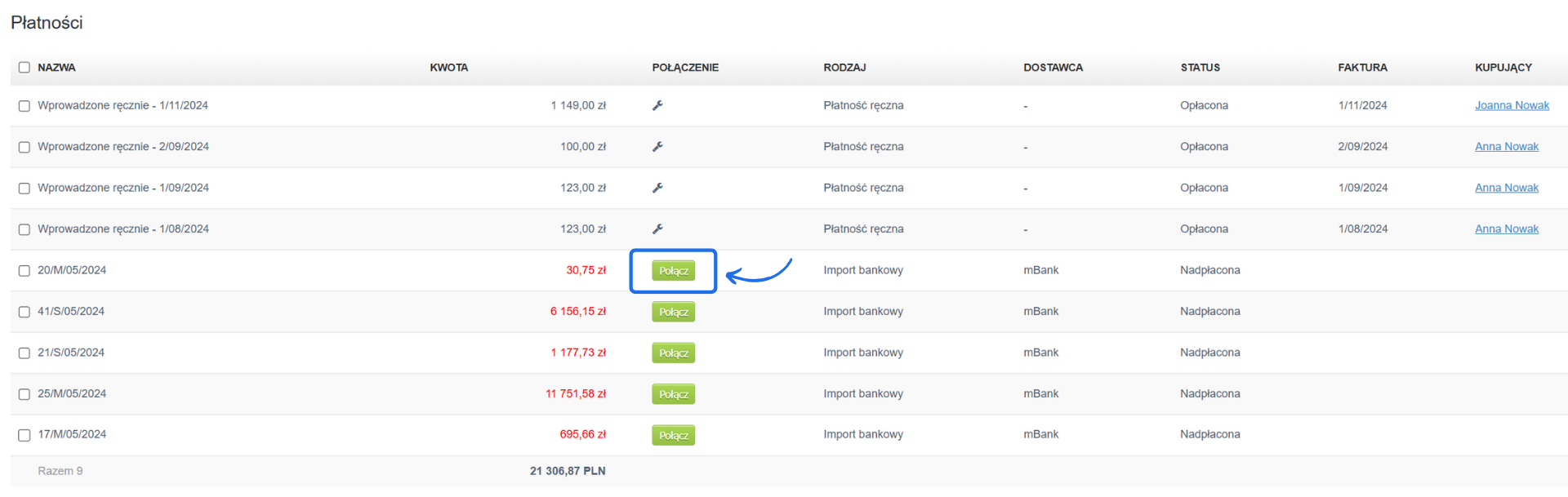 Lista zaimportowanych płatności z możliwością ręcznego jej połączenia z dokumentami wystawiony w ramach konta. 