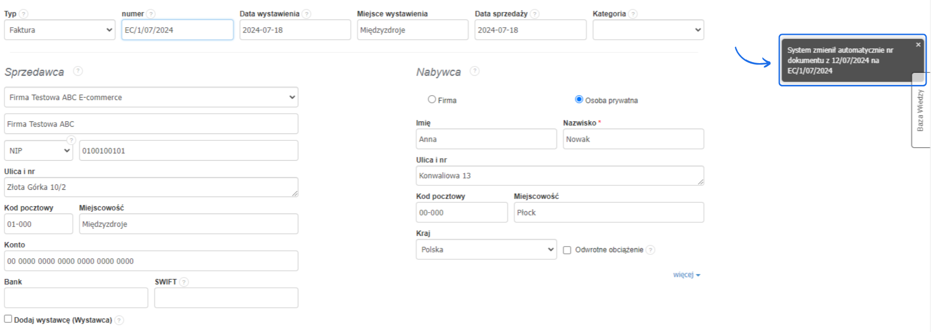 Ekran tworzenia faktury z danymi sprzedawcy i nabywcy oraz komunikatem o automatycznej zmianie numeru dokumentu na EC/1/07/2024.