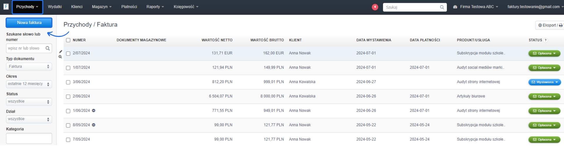 Ekran systemu Fakturowania z listą faktur i przyciskiem 'Nowa faktura' po lewej stronie.