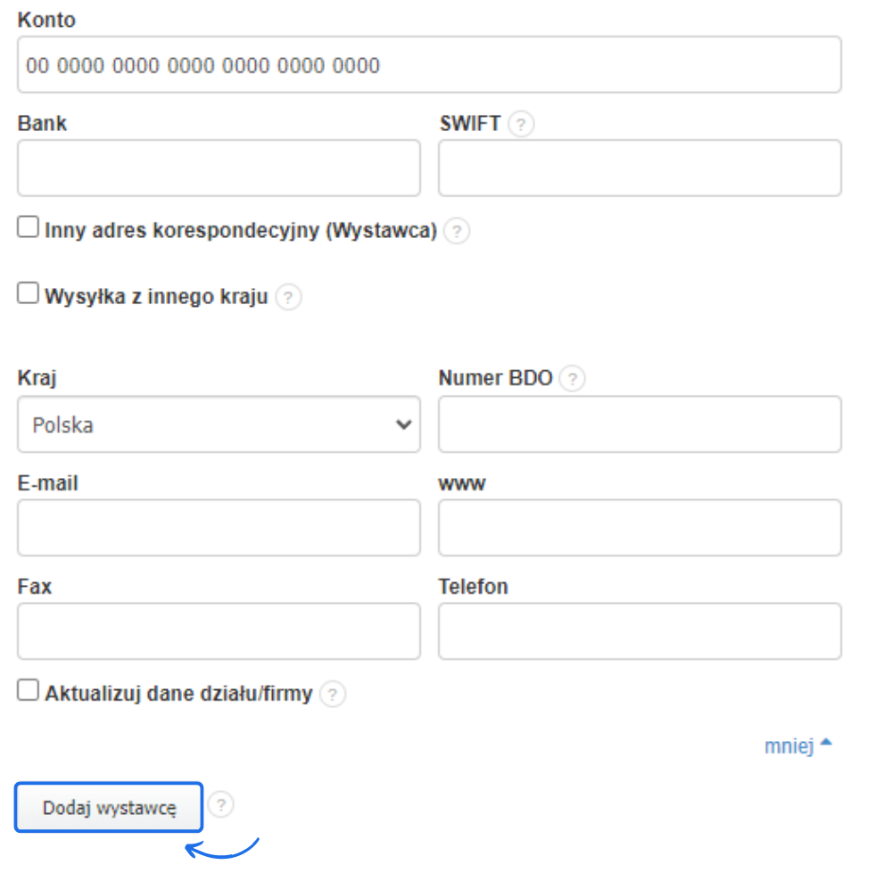 Formularz do dodawania wystawcy faktury z polami do wprowadzenia danych bankowych, kontaktowych oraz przyciskiem 'Dodaj wystawcę'.