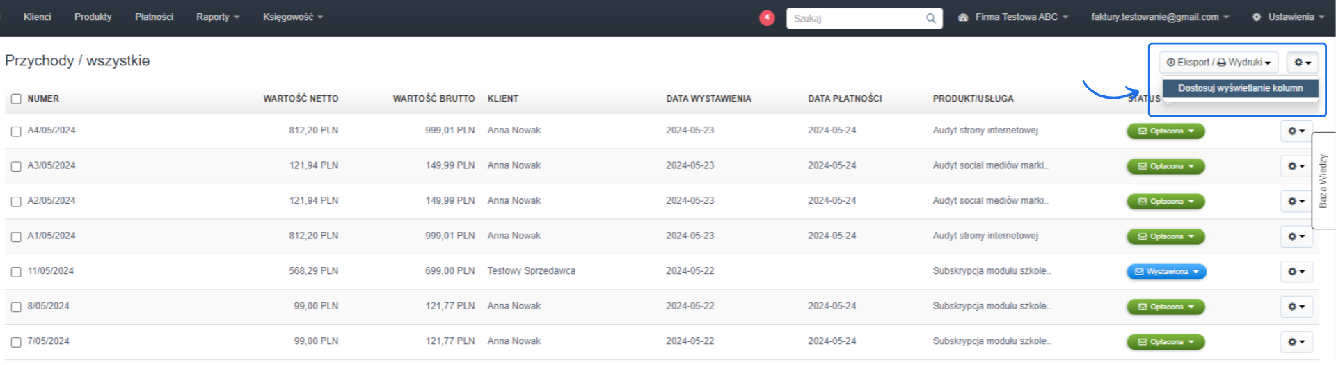Ekran główny Fakturowni pokazujący listę przychodów z opcją dostosowania wyświetlania kolumn, eksportu i wydruków w prawym górnym rogu.