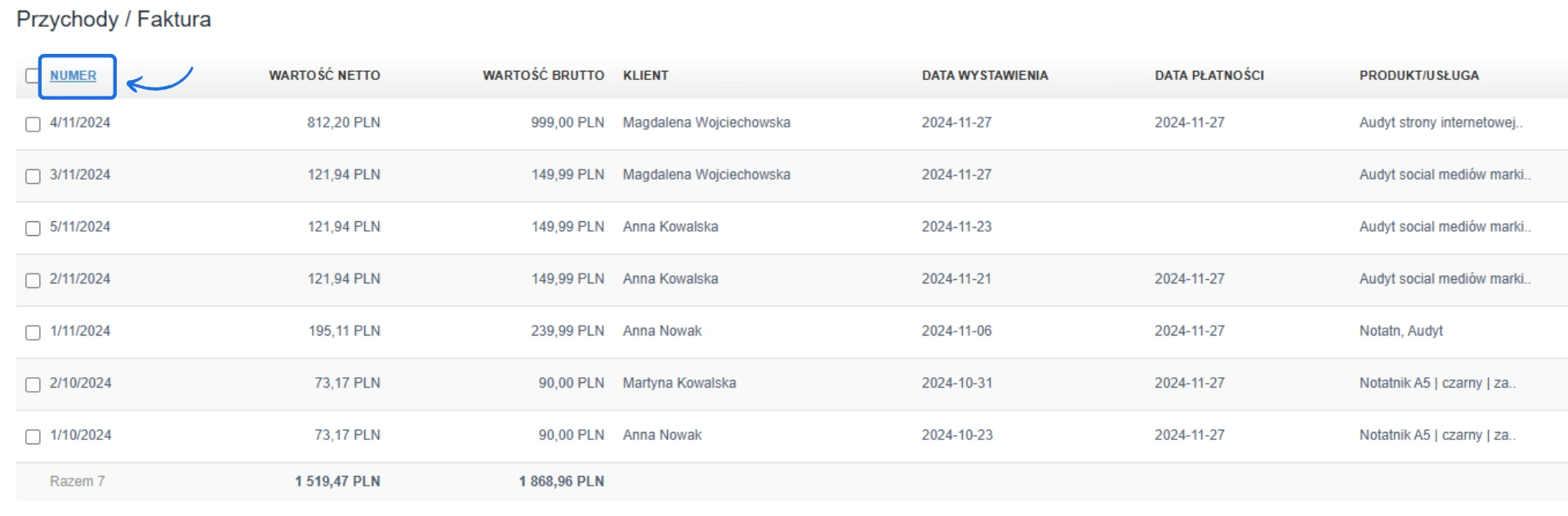 Lista faktur z zaznaczoną kolumną 'Numer', umożliwiającą sortowanie dokumentów według ich unikalnych identyfikatorów w systemie fakturowania.
