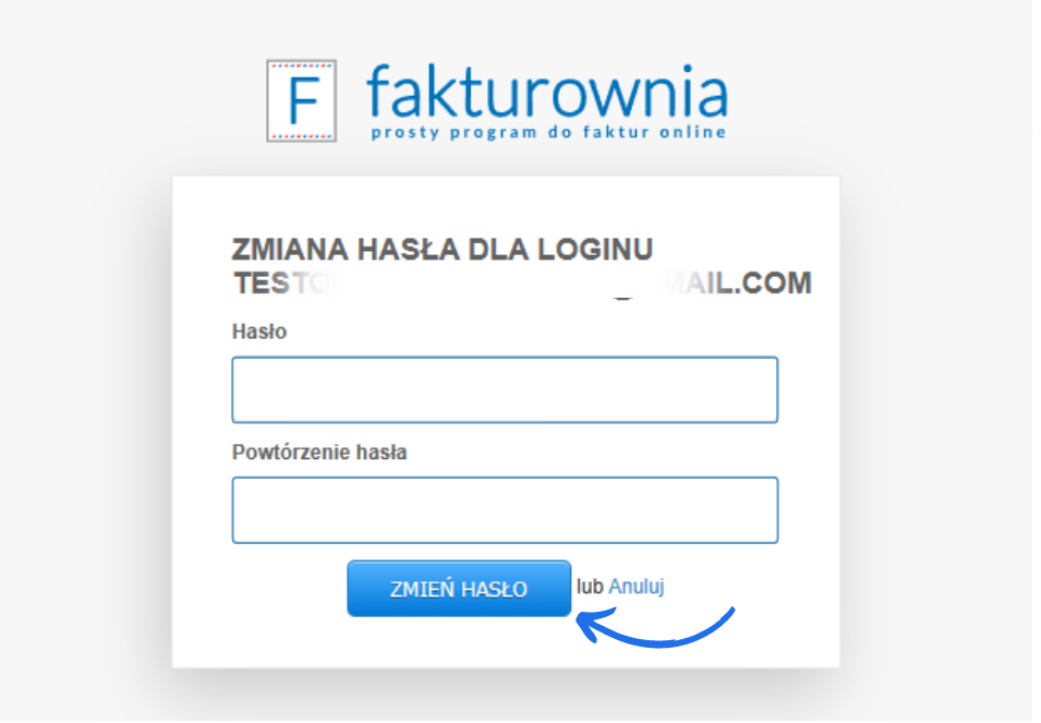 Ekran zmiany hasła w Fakturownia z polami na nowe hasło i jego powtórzenie oraz przyciskiem 'Zmień hasło'.