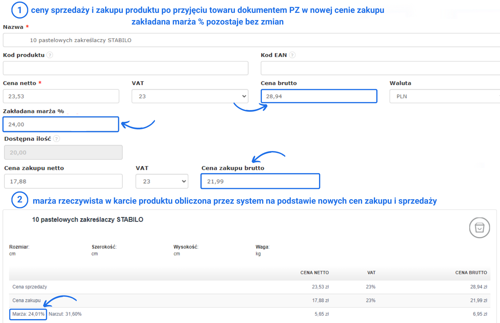 Karta produktu zaktualizowana po przyjęciu PZ, cena sprzedaży 28,94 zł, cena zakupu 21,99 zł, marża 24,01%.