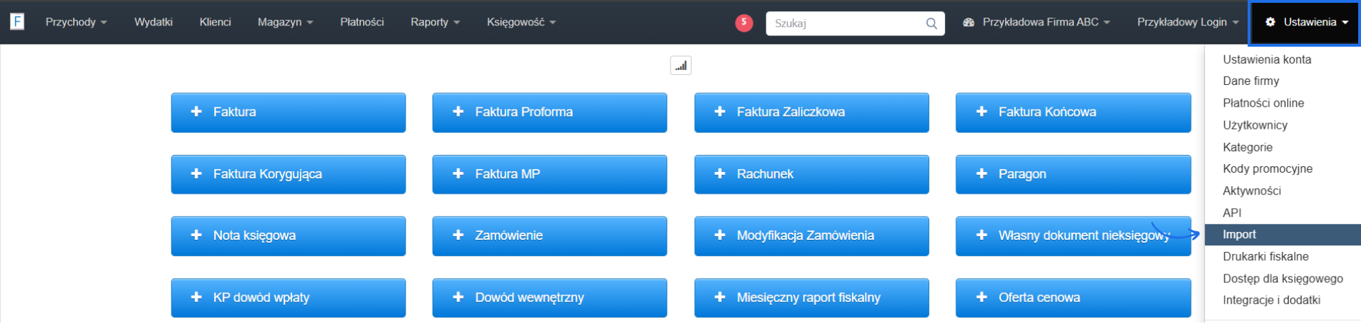 Ustawienia systemu Fakturownia z aktywną zakładką Ustawienia > Import oraz dedykowanymi przyciskami do wystawiania dokumentów.