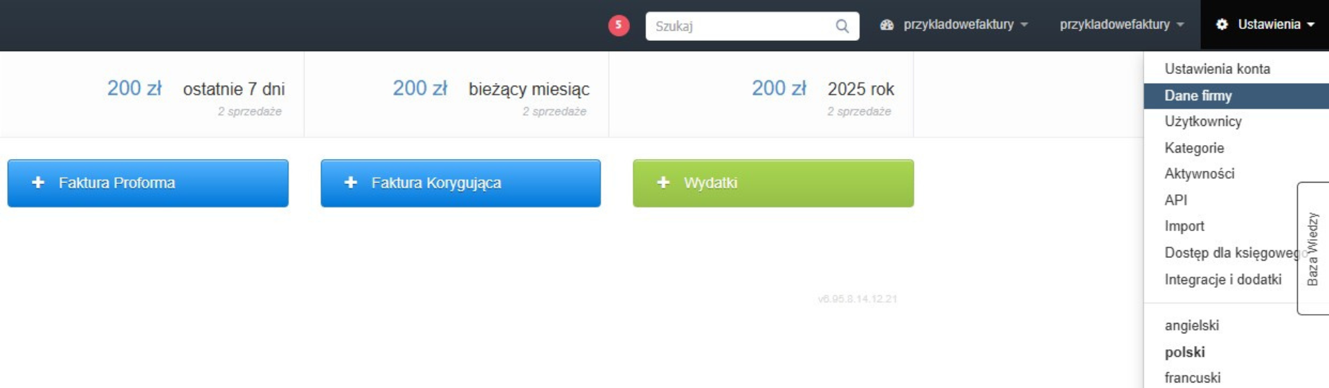 Panel użytkownika Fakturownia z rozwiniętym menu 'Ustawienia', podświetloną opcją 'Dane firmy' oraz widocznymi opcjami faktur i wydatków.