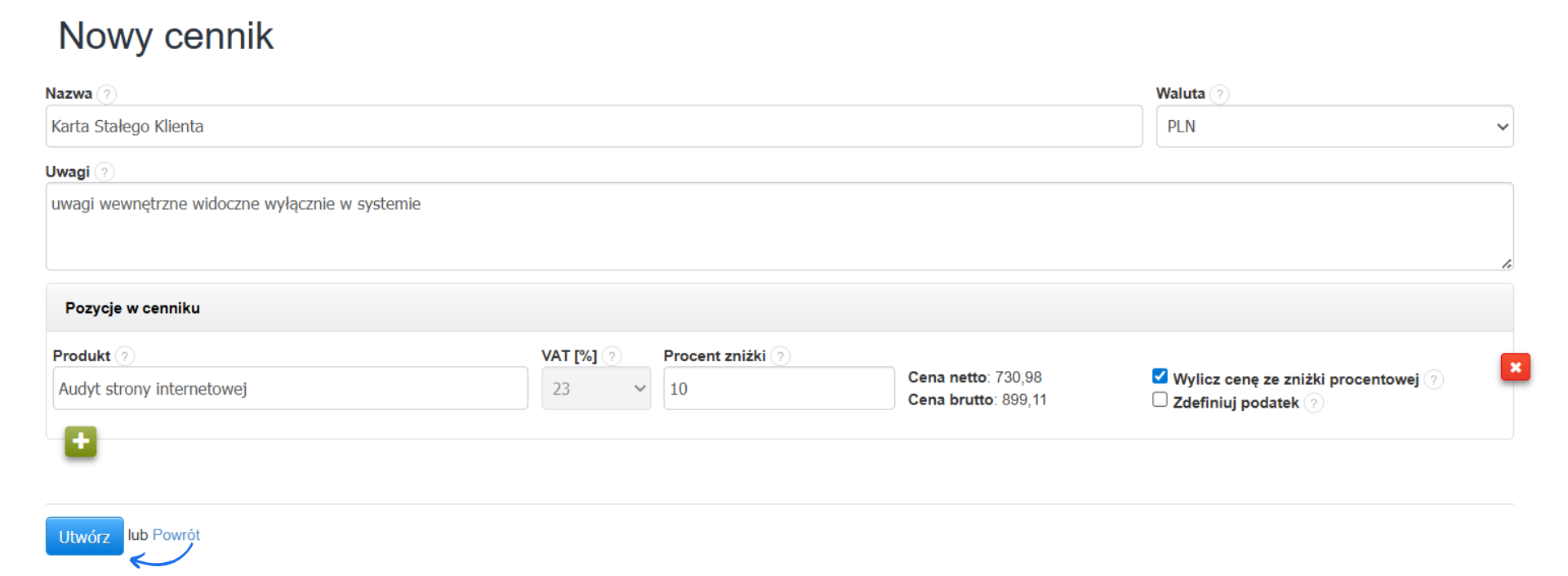 Formularz tworzenia cennika z opcją nadania nazwy, dodania uwag i wybrania produktów.
