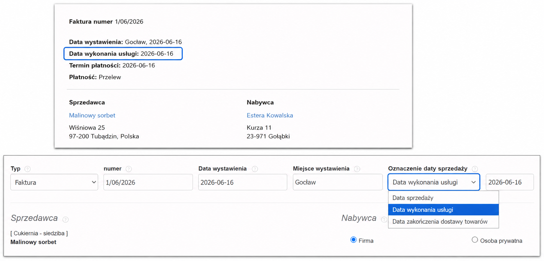 Formularz wystawiania faktury z rozwiniętą listą „Oznaczenie daty sprzedaży”, w której wybrano opcję „Data wykonania usługi”. W podglądzie dokumentu powyżej widoczny jest zapis „Data wykonania usługi: 2026-06-16”, pokazujący sposób wyświetlania wybranego oznaczenia na wydruku faktury.