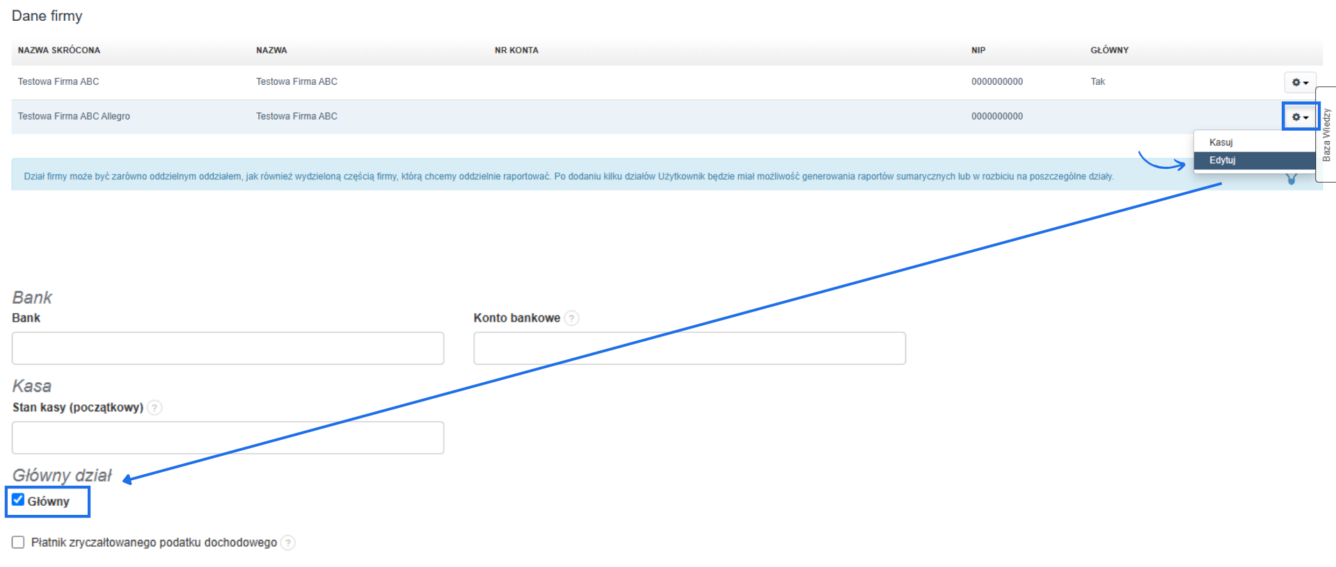 Widok edycji działu firmy w systemie Fakturownia z zaznaczoną opcją ustawienia działu jako główny.