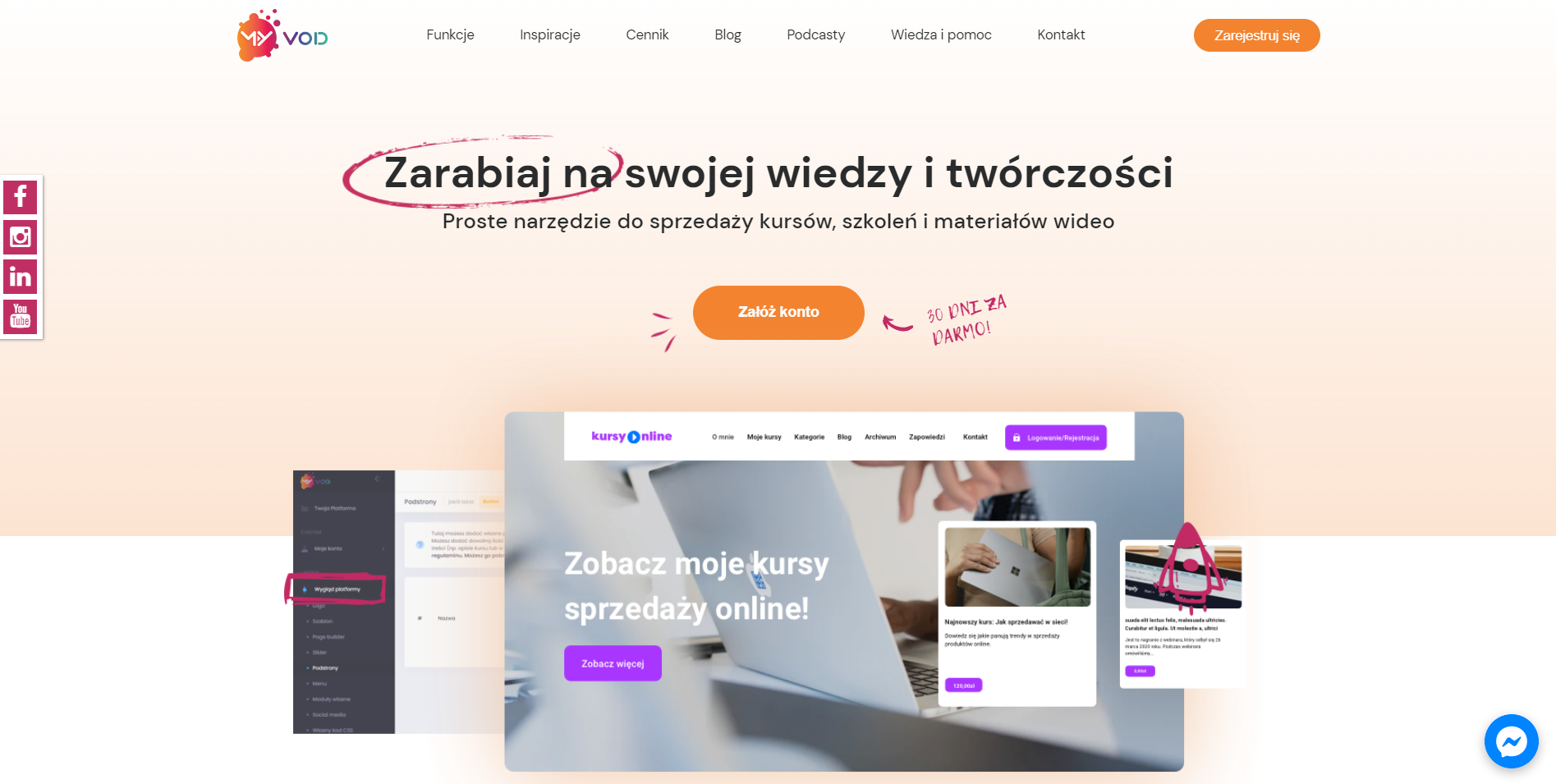 Strona główna myVOD z hasłem 'Zarabiaj na swojej wiedzy i twórczości', przycisk załóż konto i oferta 30 dni darmowego okresu próbnego.