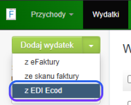 Menu rozwijane w systemie księgowym z opcjami dodawania wydatku, zaznaczona opcja importu z EDI Ecod.