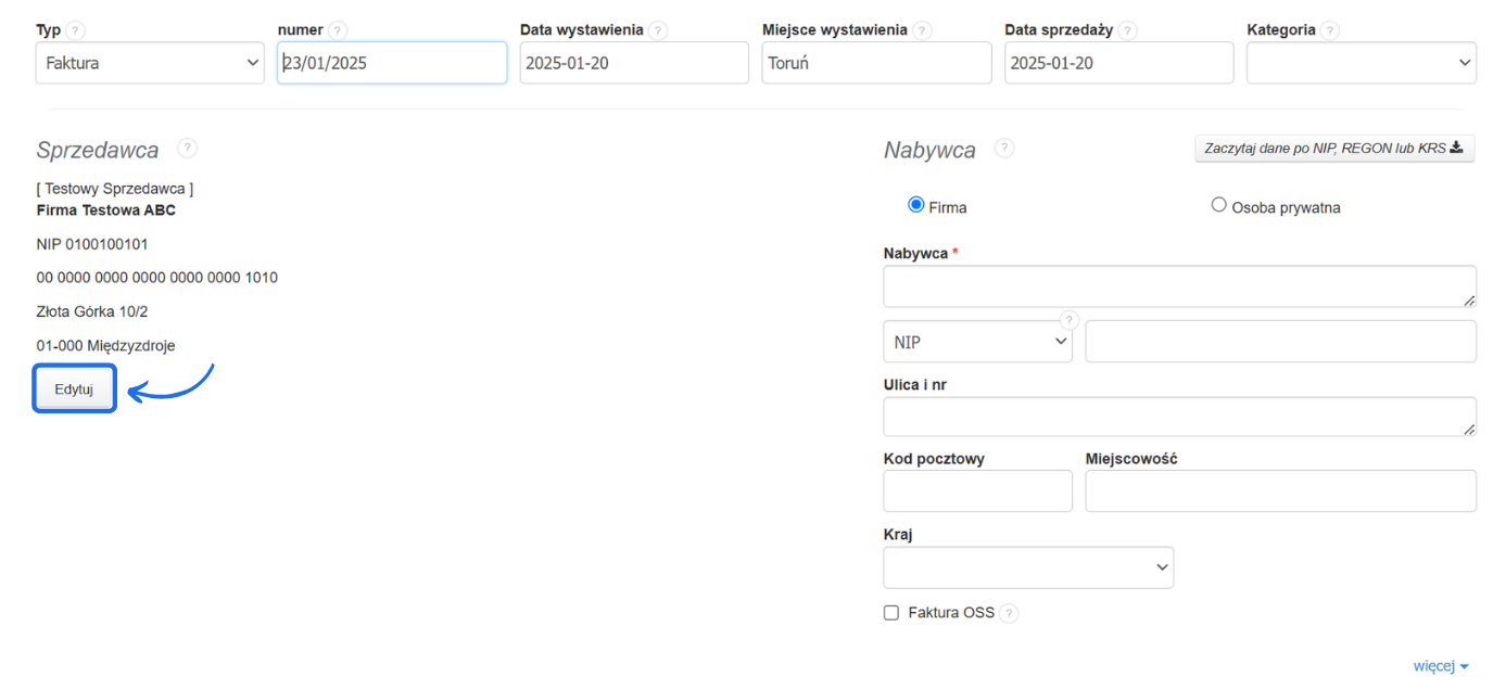 Formularz edycji faktury z sekcjami 'Sprzedawca' i 'Nabywca', zawierający dane firmy, NIP, adres oraz opcję edytowania danych sprzedawcy.
