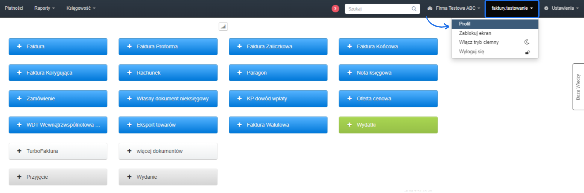 Panel użytkownika z listą opcji tworzenia różnych dokumentów, takich jak faktura, paragon, oferta cenowa, oraz menu profilu z opcjami wylogowania i włączenia trybu ciemnego.