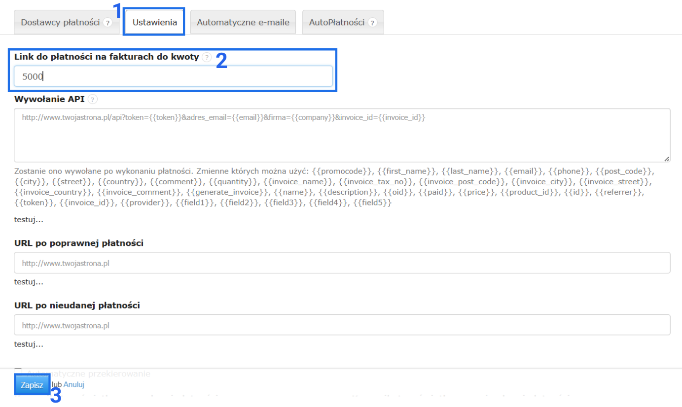 Formatka ustawień autopłatności z polem do ustawienia limitu widoczności przycisku 'Kliknij i zapłać online'.