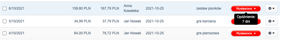 zrzut ekranu – nieopłacone faktury