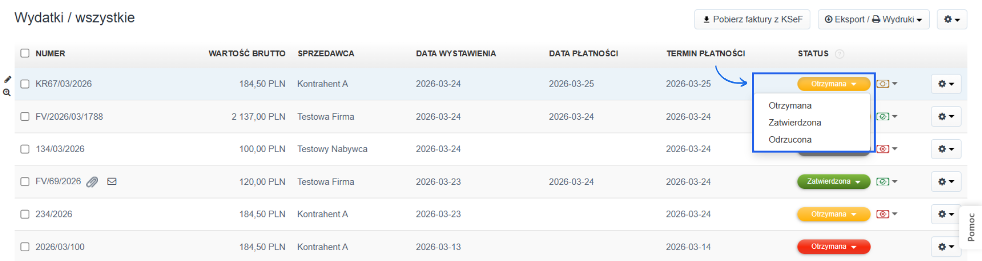 Lista faktur kosztowych z opcją wyboru statusu jako otrzymana, zatwierdzona, odrzucona.