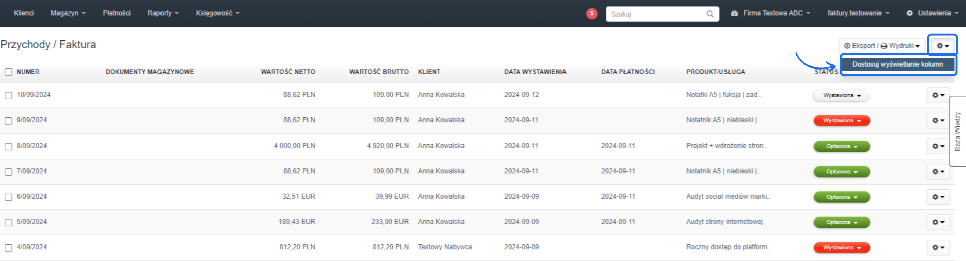 Interfejs faktur z opcją dostosowania wyświetlania kolumn, umożliwiający użytkownikowi personalizację widoku dokumentów sprzedażowych.