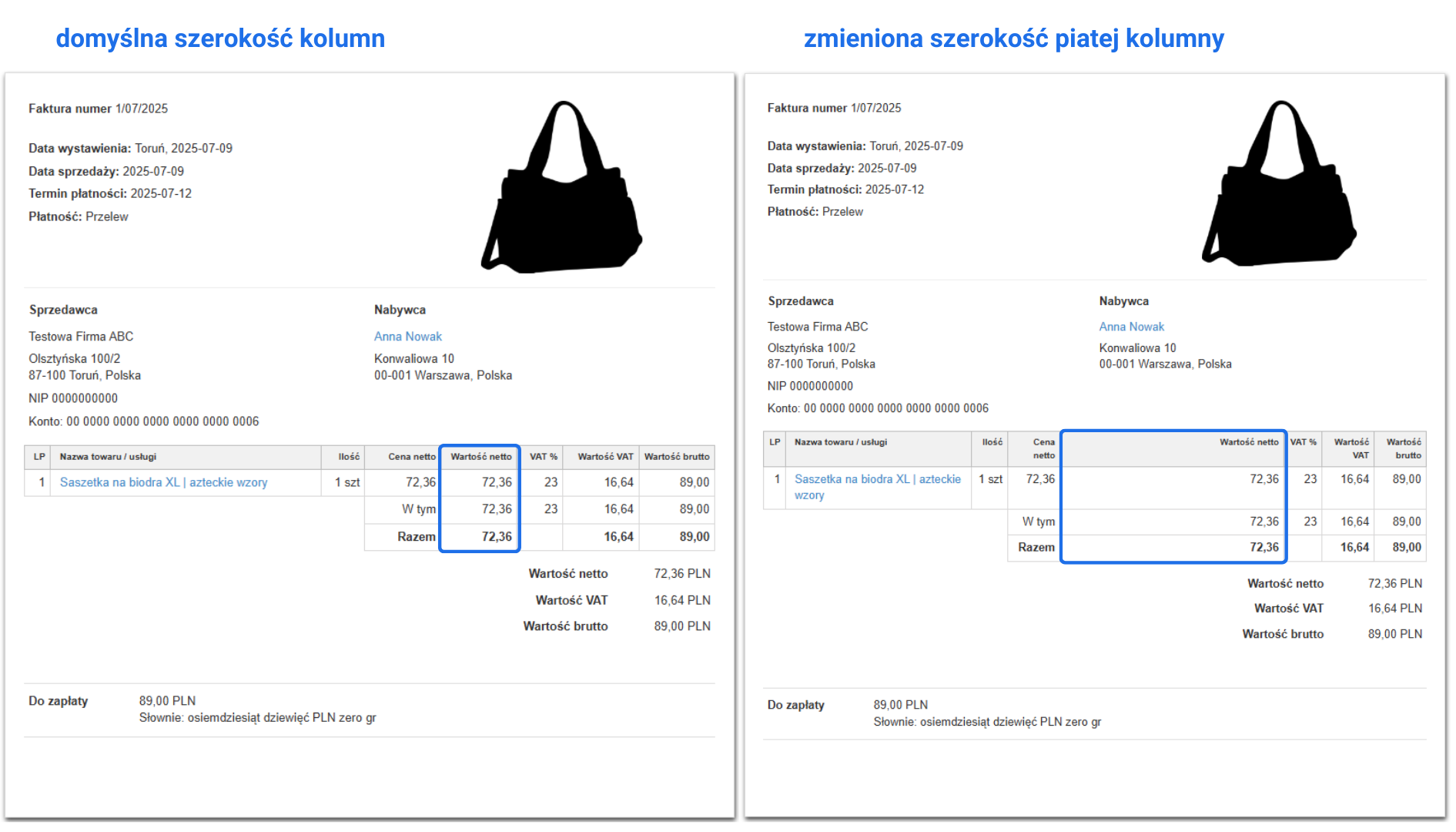 Porównanie wydruków dokumentów w systemie do fakturowania z domyślną szerokością kolumn i zmienioną szerokością za pomocą CSS.