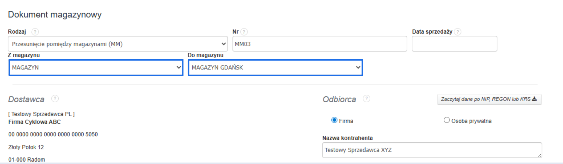 Formularz dokumentu magazynowego z wybranym typem „Przesunięcie pomiędzy magazynami (MM)” i przeniesieniem towaru z „MAGAZYN” do „MAGAZYN GDAŃSK”.