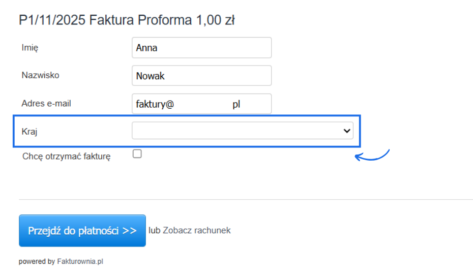 Formatka płatności z podstawowymi danymi jak imię, nazwisko i adres e-mail oraz możliwością wyboru kraju.
