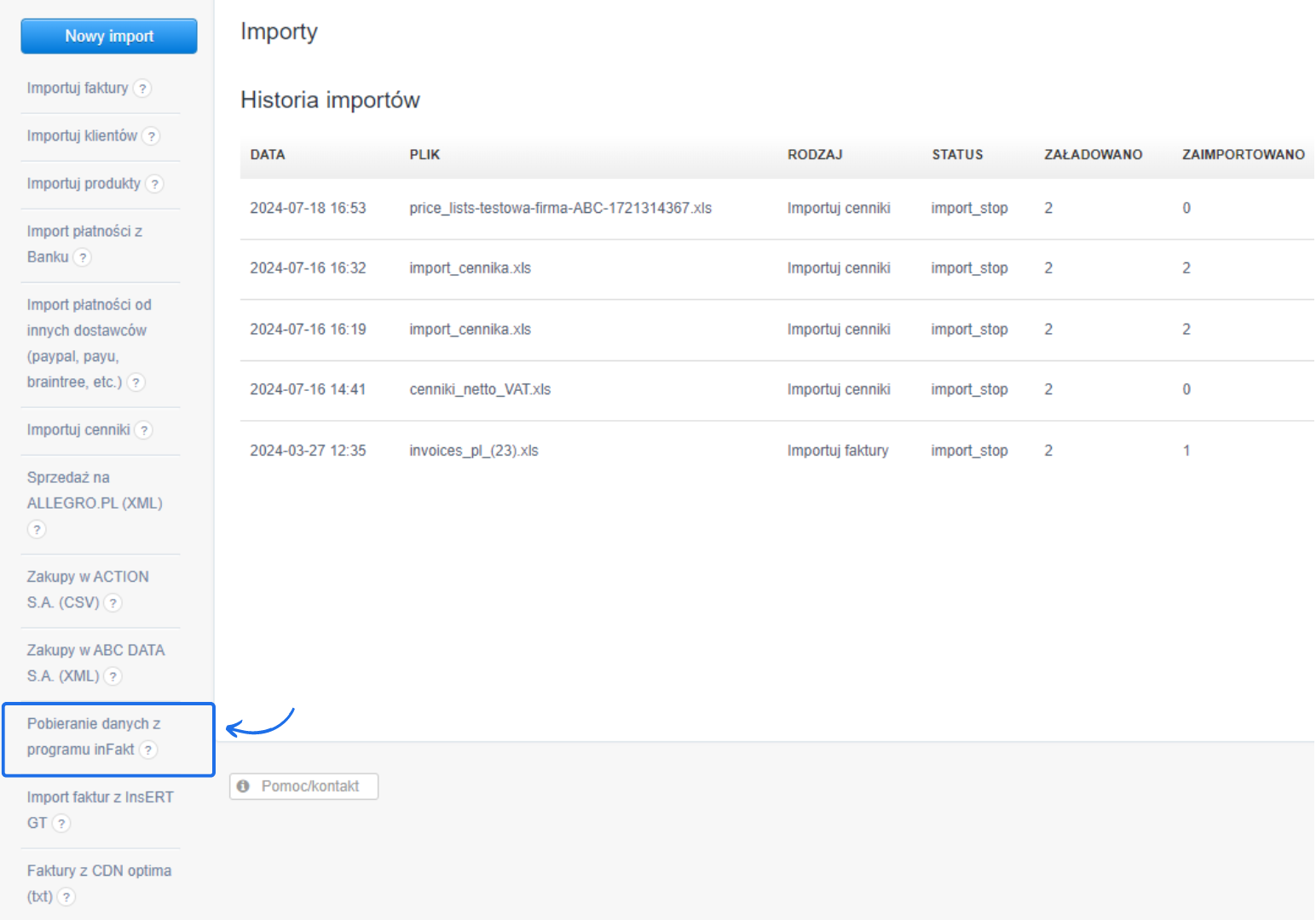 Ekran importu danych z widoczną historią importów i opcjami importu faktur, cenników, płatności oraz pobierania danych z programu inFakt.