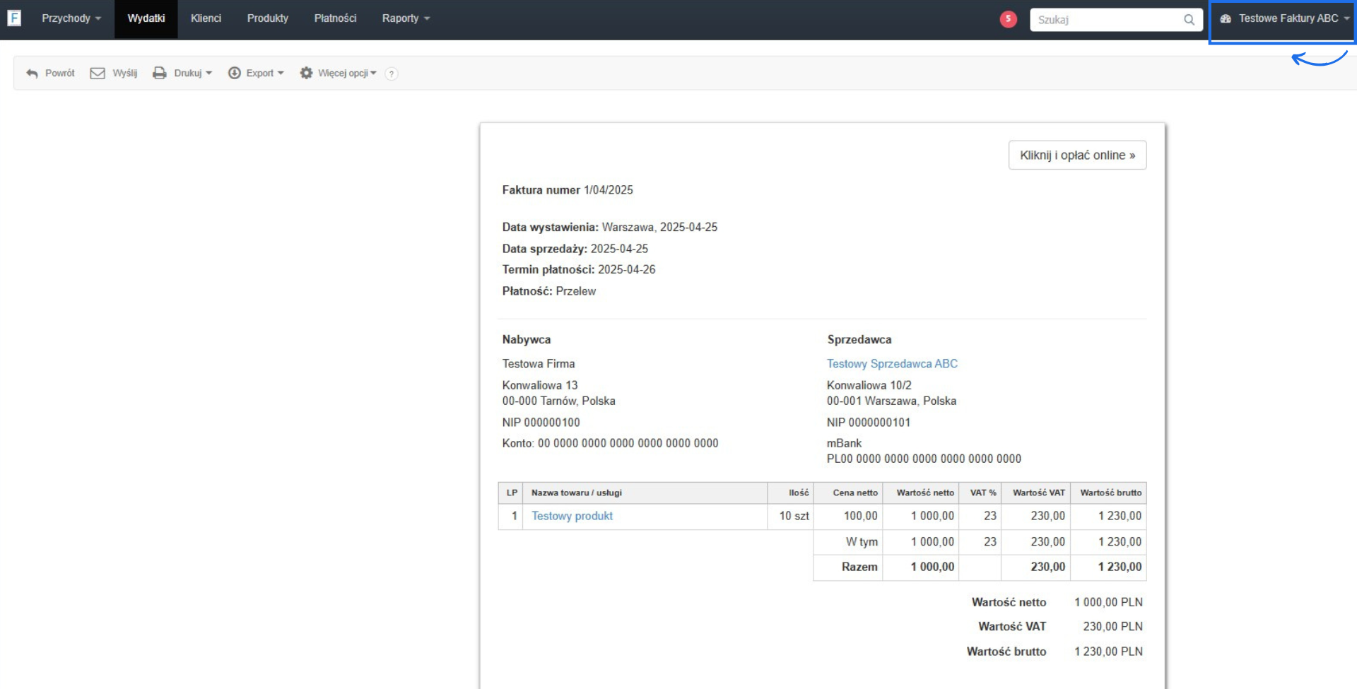  Podgląd faktury zakupu w Fakturownia na koncie Testowe Faktury ABC z danymi nabywcy, sprzedawcy i listą produktów.