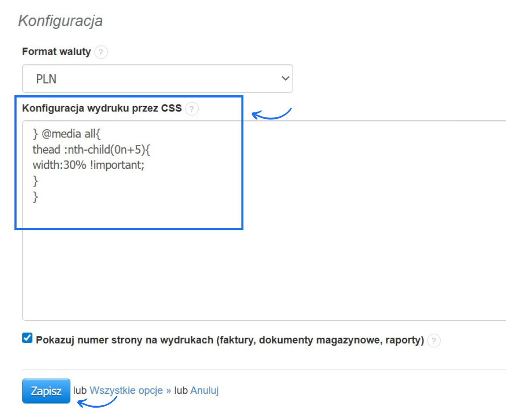Ustawienia konta w systemie do fakturowania, które dotyczą konfiguracji wydruków przy użyciu kodu CSS.
