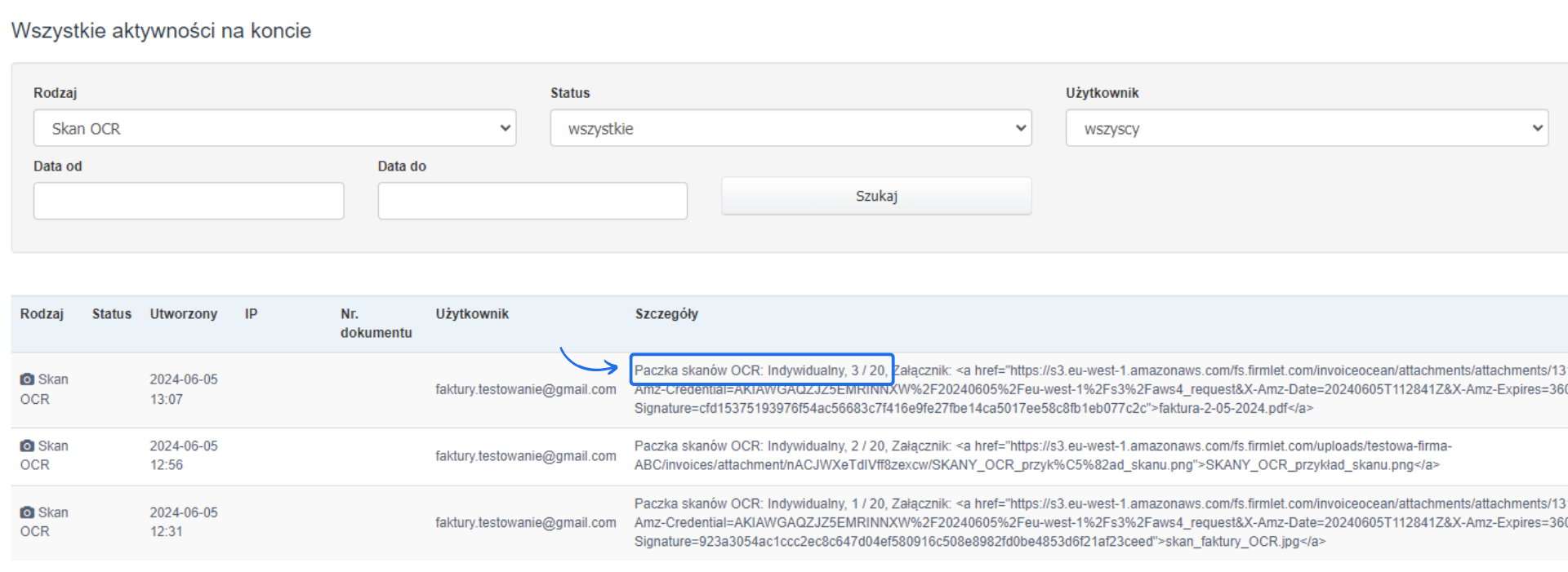 Widok aktywności na koncie w aplikacji fakturowej, z wybranym filtrem 'Skan OCR' i listą aktywności, gdzie każda pozycja zawiera szczegóły dotyczące skanowania faktur.