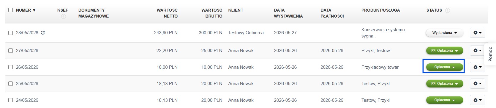 Lista faktur w tym wystawionych przez moduł autopłatności z fakturą 0% VAT bez statusu wysyłki.