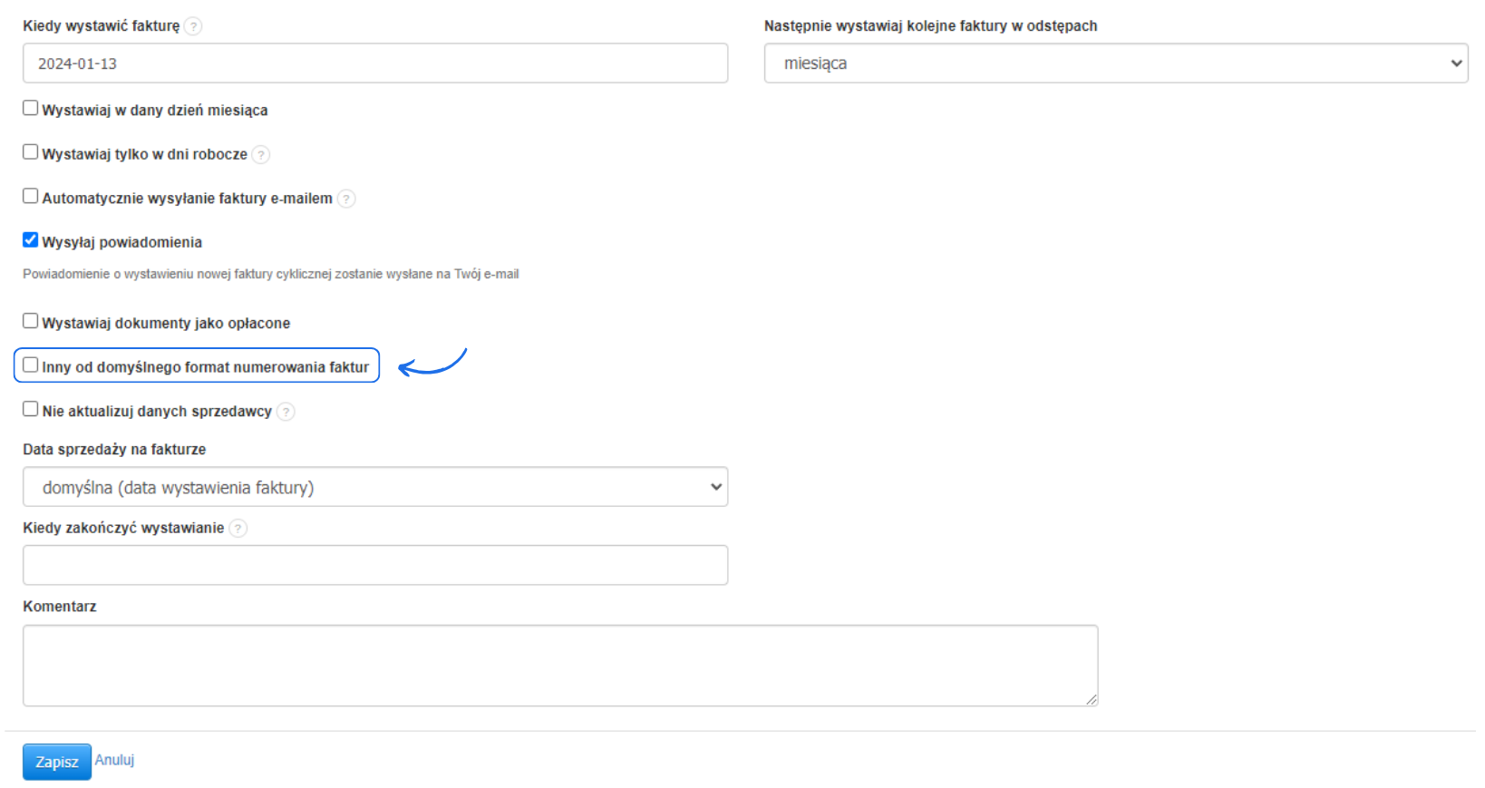Formularz tworzenia cyklu, który wystawia faktury cykliczne z możliwością aktywacji innego formatu numerowania dokumentów.