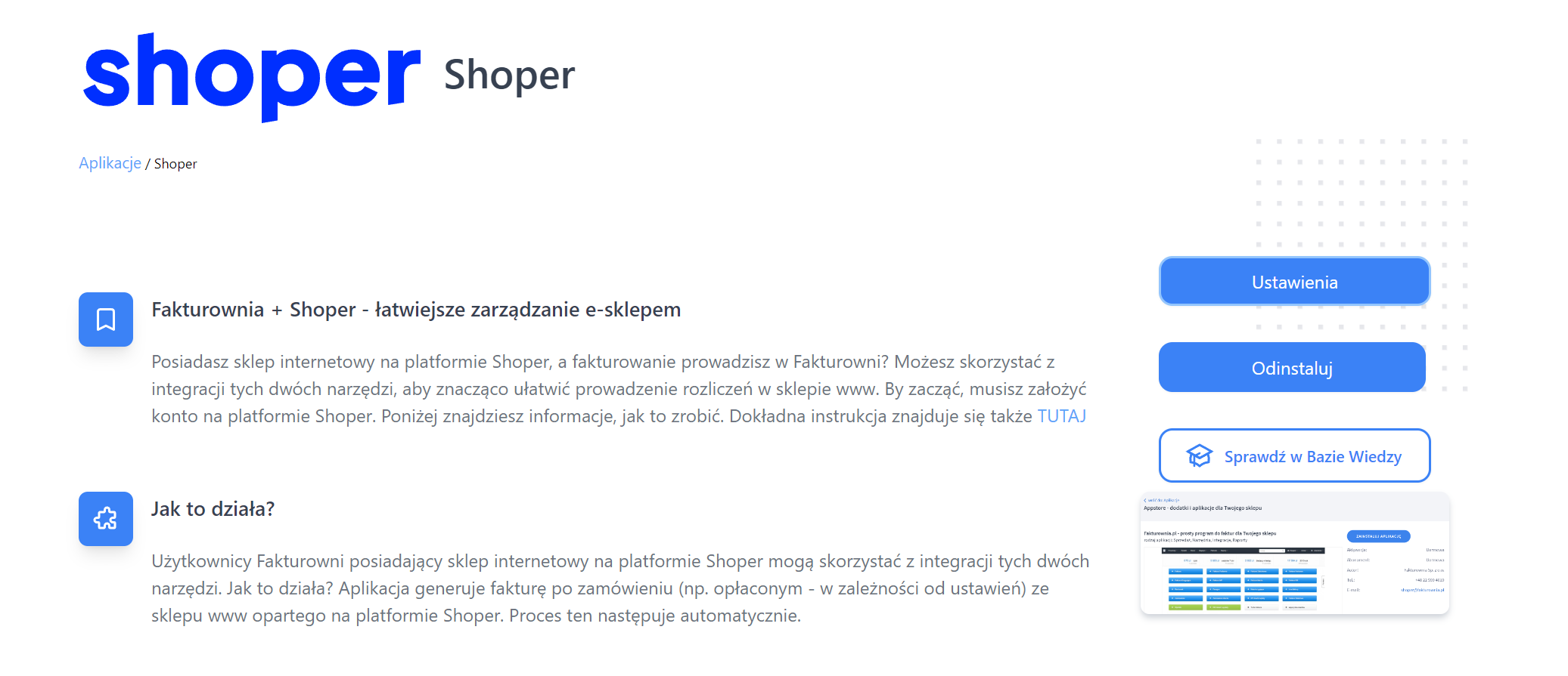 Strona integracji Fakturownia z Shoper, opisująca proces automatycznego wystawiania faktur. Widoczne przyciski ‘Ustawienia’, ‘Odinstaluj’ i ‘Sprawdź w Bazie Wiedzy’